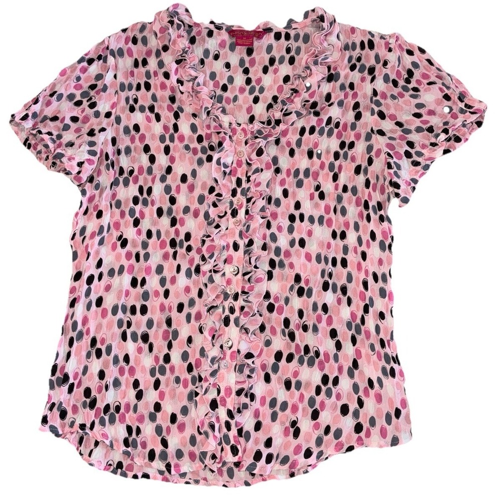 Sunny Leigh Blouse Women's M Pink Crinkle Abstract Dot Ruffle Front Coquette